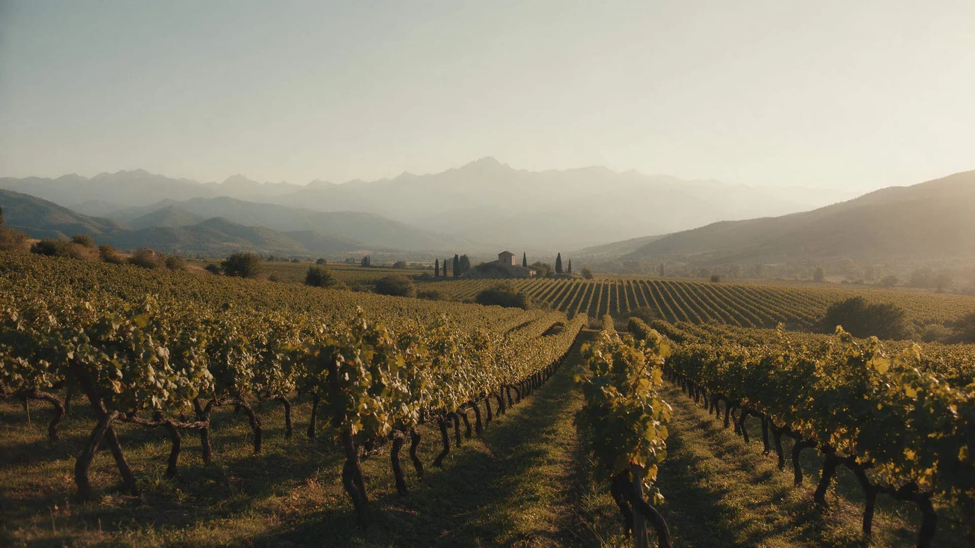 Illustration: rows of vines in a valley below a mountain range